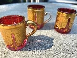 Set of 3 Matching Antique MOSER Cranberry Demitasse Cup & Saucers withGold Gilding