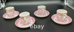Set of 4 Antique Royal Worcester Demitasse Cup Saucer Pink Gold Chinoiserie 1889