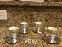 Set of 4 Antique Sterling Demitasse cup holders with saucers and porcelain cups