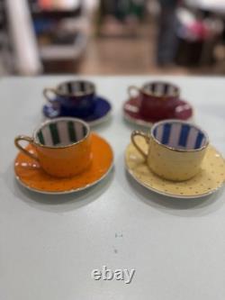 Set of 4 Colorful Porcelain Espresso Cups & Saucers 100ml Gold Polka Dot Demitas