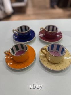 Set of 4 Colorful Porcelain Espresso Cups & Saucers 100ml Gold Polka Dot Demitas