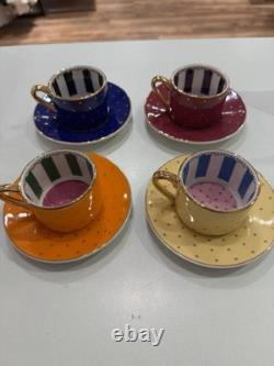 Set of 4 Colorful Porcelain Espresso Cups & Saucers 100ml Gold Polka Dot Demitas