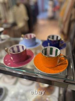 Set of 4 Colorful Porcelain Espresso Cups & Saucers 100ml Gold Polka Dot Demitas