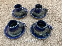 Set of 4 Doug Wylie Whale Tail Demitasse Cups & Saucers Pottery Free Ship