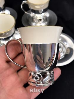 Set of 4 La Paglia International Sterling & Porcelain Demitasse Cups & Saucers