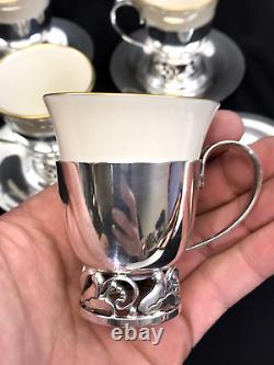 Set of 4 La Paglia International Sterling & Porcelain Demitasse Cups & Saucers