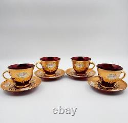 Set of 4 Murano-Style Ruby Red Demitasse Cups and Saucers with Gold and Floral A