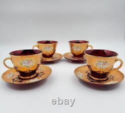 Set of 4 Murano-Style Ruby Red Demitasse Cups and Saucers with Gold and Floral A