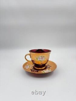 Set of 4 Murano-Style Ruby Red Demitasse Cups and Saucers with Gold and Floral A