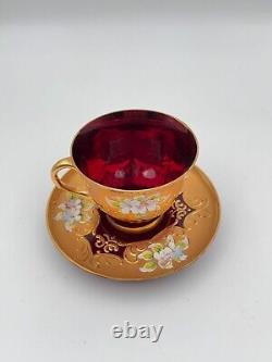 Set of 4 Murano-Style Ruby Red Demitasse Cups and Saucers with Gold and Floral A