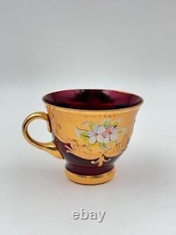 Set of 4 Murano-Style Ruby Red Demitasse Cups and Saucers with Gold and Floral A