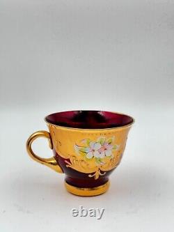 Set of 4 Murano-Style Ruby Red Demitasse Cups and Saucers with Gold and Floral A