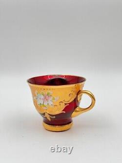 Set of 4 Murano-Style Ruby Red Demitasse Cups and Saucers with Gold and Floral A