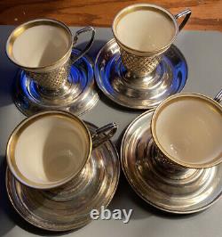 Set of 4 Sterling Silver Demitasse Cup Holders and Saucers with Lenox Cups