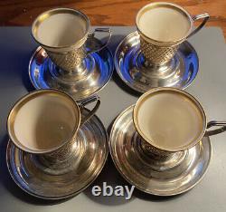 Set of 4 Sterling Silver Demitasse Cup Holders and Saucers with Lenox Cups