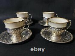 Set of 4 Sterling Silver Demitasse Cup Holders and Saucers with Lenox Cups 1986