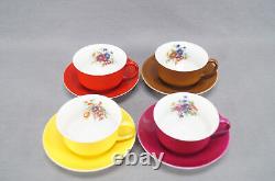 Set of 4 Victoria Austria Solid Color Floral Demitasse Cups & Saucers 1919-1945