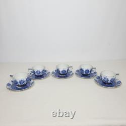 Set of 5 Arabia Finland Sinikka Ceramic Blue Floral Demitasse Cups and Saucers