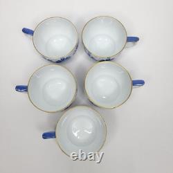 Set of 5 Arabia Finland Sinikka Ceramic Blue Floral Demitasse Cups and Saucers