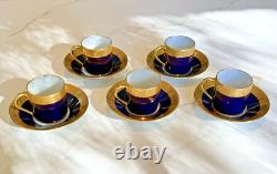 Set of 5 Limoges France Porcelain Cobalt Blue & Gold Demitasse Cup Saucer Set