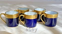 Set of 5 Limoges France Porcelain Cobalt Blue & Gold Demitasse Cup Saucer Set
