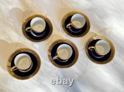 Set of 5 Limoges France Porcelain Cobalt Blue & Gold Demitasse Cup Saucer Set