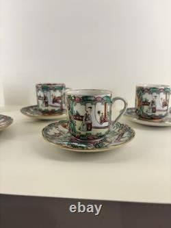 Set of 5 Rose Medallion Demitasse Cups and Saucers Vintage
