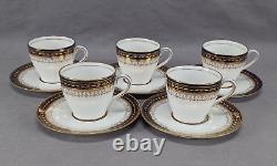 Set of 5 Royal Doulton WEG Monogram Gold Beaded Cobalt Demitasse Cups & Saucers