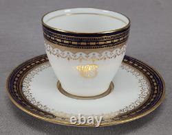 Set of 5 Royal Doulton WEG Monogram Gold Beaded Cobalt Demitasse Cups & Saucers