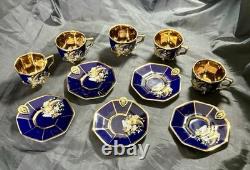 Set of 5 Royal Linoj Seckin Limoges Cobalt Blue 24K Gold Demitasse Cups Saucers