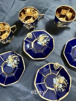 Set of 5 Royal Linoj Seckin Limoges Cobalt Blue 24K Gold Demitasse Cups Saucers