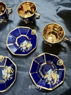 Set of 5 Royal Linoj Seckin Limoges Cobalt Blue 24K Gold Demitasse Cups Saucers