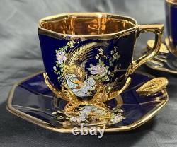 Set of 5 Royal Linoj Seckin Limoges Cobalt Blue 24K Gold Demitasse Cups Saucers