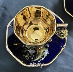 Set of 5 Royal Linoj Seckin Limoges Cobalt Blue 24K Gold Demitasse Cups Saucers