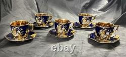 Set of 5 Royal Linoj Seckin Limoges Cobalt Blue 24K Gold Demitasse Cups Saucers