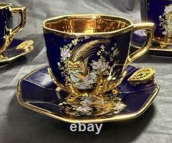 Set of 5 Royal Linoj Seckin Limoges Cobalt Blue 24K Gold Demitasse Cups Saucers