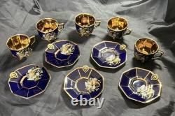 Set of 5 Royal Linoj Seckin Limoges Cobalt Blue 24K Gold Demitasse Cups Saucers