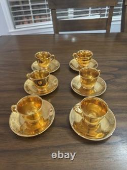 Set of 6 Atlas Satin Gold 22 Karat Gold Demitasse Teacups and Saucers