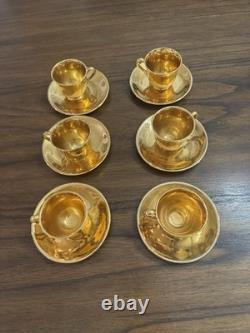 Set of 6 Atlas Satin Gold 22 Karat Gold Demitasse Teacups and Saucers