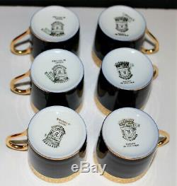 Set of 6 Limoges France Cobalt/Gold Porcelain Demitasse Cups & Saucers in Box