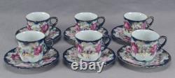 Set of 6 Nippon Hand Painted Pink Roses Cobalt & Gold Demitasse Cups & Saucers