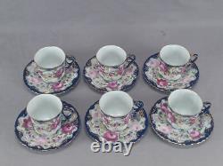 Set of 6 Nippon Hand Painted Pink Roses Cobalt & Gold Demitasse Cups & Saucers