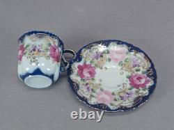 Set of 6 Nippon Hand Painted Pink Roses Cobalt & Gold Demitasse Cups & Saucers