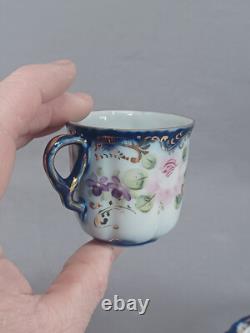 Set of 6 Nippon Hand Painted Pink Roses Cobalt & Gold Demitasse Cups & Saucers