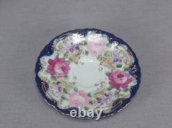 Set of 6 Nippon Hand Painted Pink Roses Cobalt & Gold Demitasse Cups & Saucers
