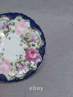Set of 6 Nippon Hand Painted Pink Roses Cobalt & Gold Demitasse Cups & Saucers