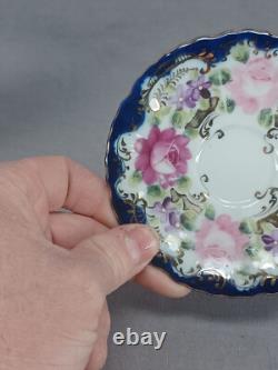 Set of 6 Nippon Hand Painted Pink Roses Cobalt & Gold Demitasse Cups & Saucers