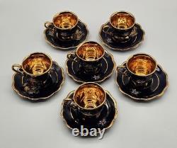 Set of 6 Royal Linoj Seckin Floral Cobalt Blue 24K Gold Demitasse Cups & Saucers