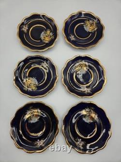 Set of 6 Royal Linoj Seckin Floral Cobalt Blue 24K Gold Demitasse Cups & Saucers