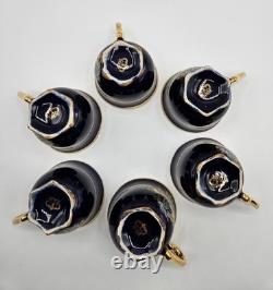 Set of 6 Royal Linoj Seckin Floral Cobalt Blue 24K Gold Demitasse Cups & Saucers